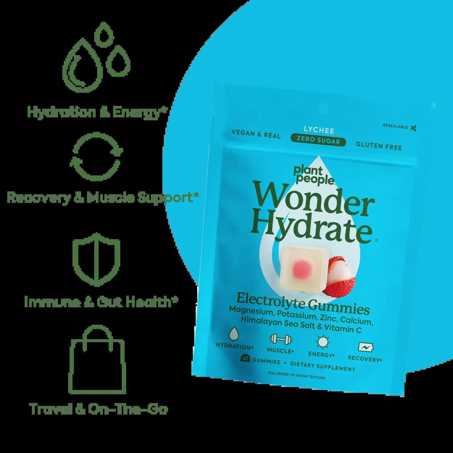Wonderhydrate Electrolyte Gummies by Plant People - Zero Sugar, Dual-Layer Hydration Gummies - Salty Lychee Flavor by All Mart Bristol Ltd