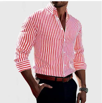Ins Stripe Printed Long Sleeve Shirt Men Fashion Casual Lapel Button Top Clothing by Dropshipman