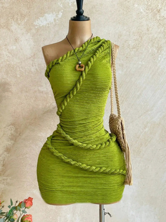 New Boho Style Knot Shoulder Mini Dress, Summer Women'S Vintage Holiday, Fitted Plain Design, Casual Fashion for Vacation by All Mart Bristol Ltd