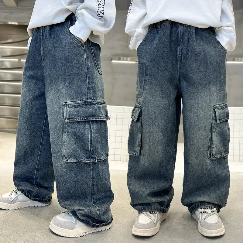 New Autumn Children Cargo Jeans with Side Pocket for Tween fried street Boys Loose Straight Denim Pants Kids Retro Blue Trousers