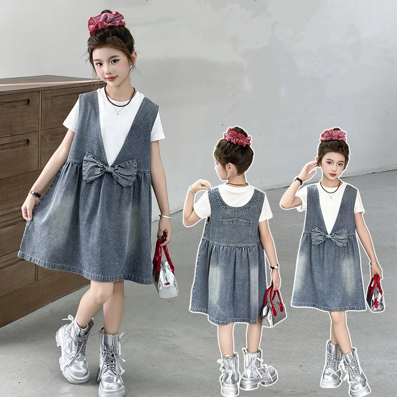 Kids Fashion Reversible Clothes Loose Fit Sleeveless Denim Vest Dress with Bow for Teens Girl Street Outfit Child Jeans Dress by All Mart Bristol Ltd