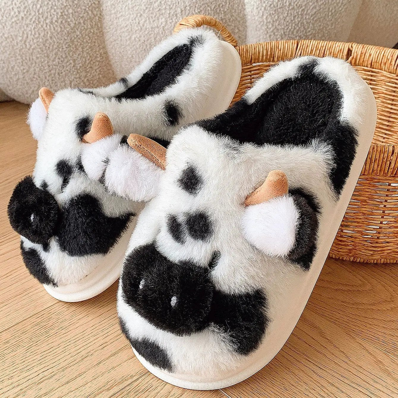 Cute Cartoon Cow Plush Slippers Winter Warm Indoor Bedroom Floor Fuzzy Slipper Couple Non-slip House Shoes by Dropshipman