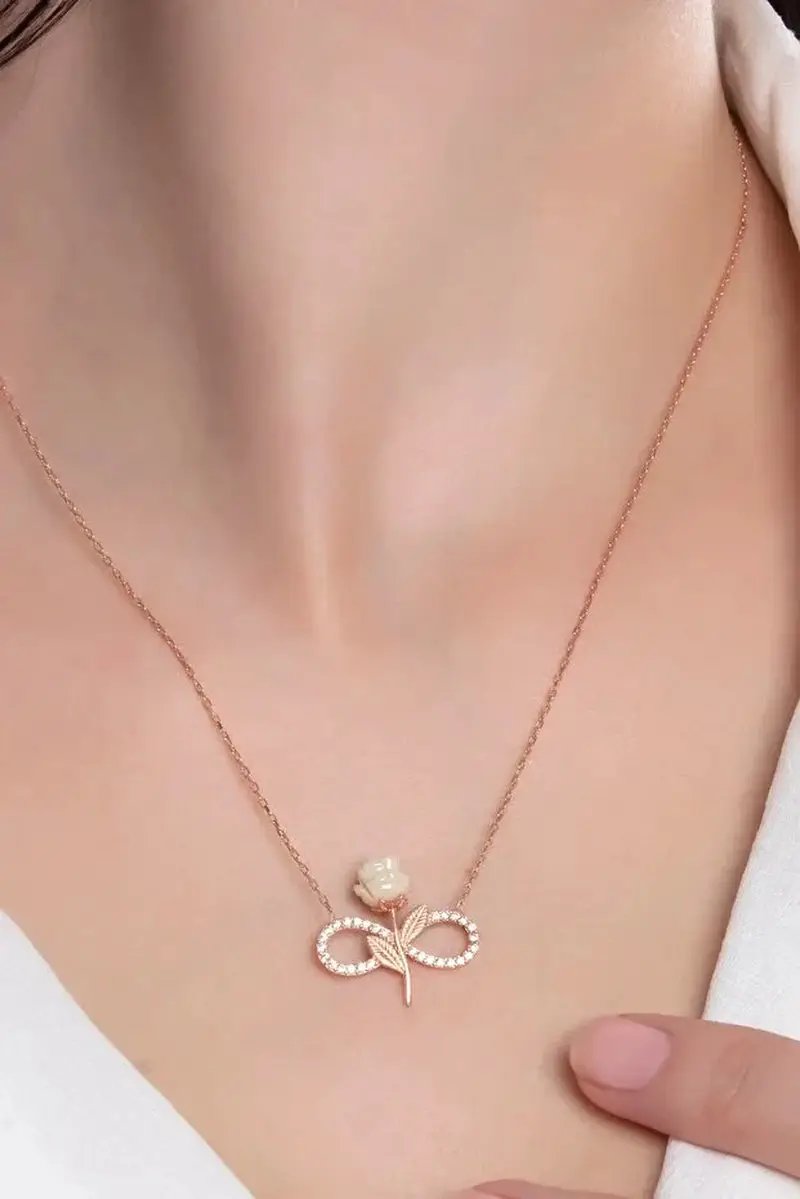 925 Sterling Silver Rose Gold Plated White Rose Infinity Necklace with Zircon Stone by All Mart Bristol Ltd