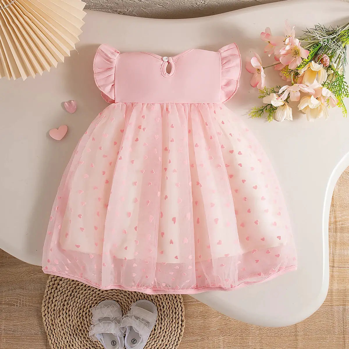 Baby Girl Dresses Summer New Flying Sleeve Love Embroidered Mesh Girl Dress Sweet Bow Round Neck Baby Clothing by All Mart Bristol Ltd