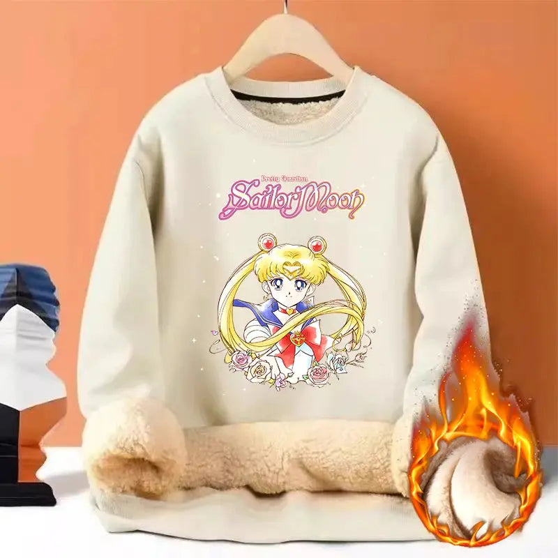 Sailor Moon Woman Thick Sweatshirt Lamb Wool Round Neck Hoodid Girl Cute Long Sleeves Fashion Sportswear Winter Warm Cartoon Top by All Mart Bristol Ltd