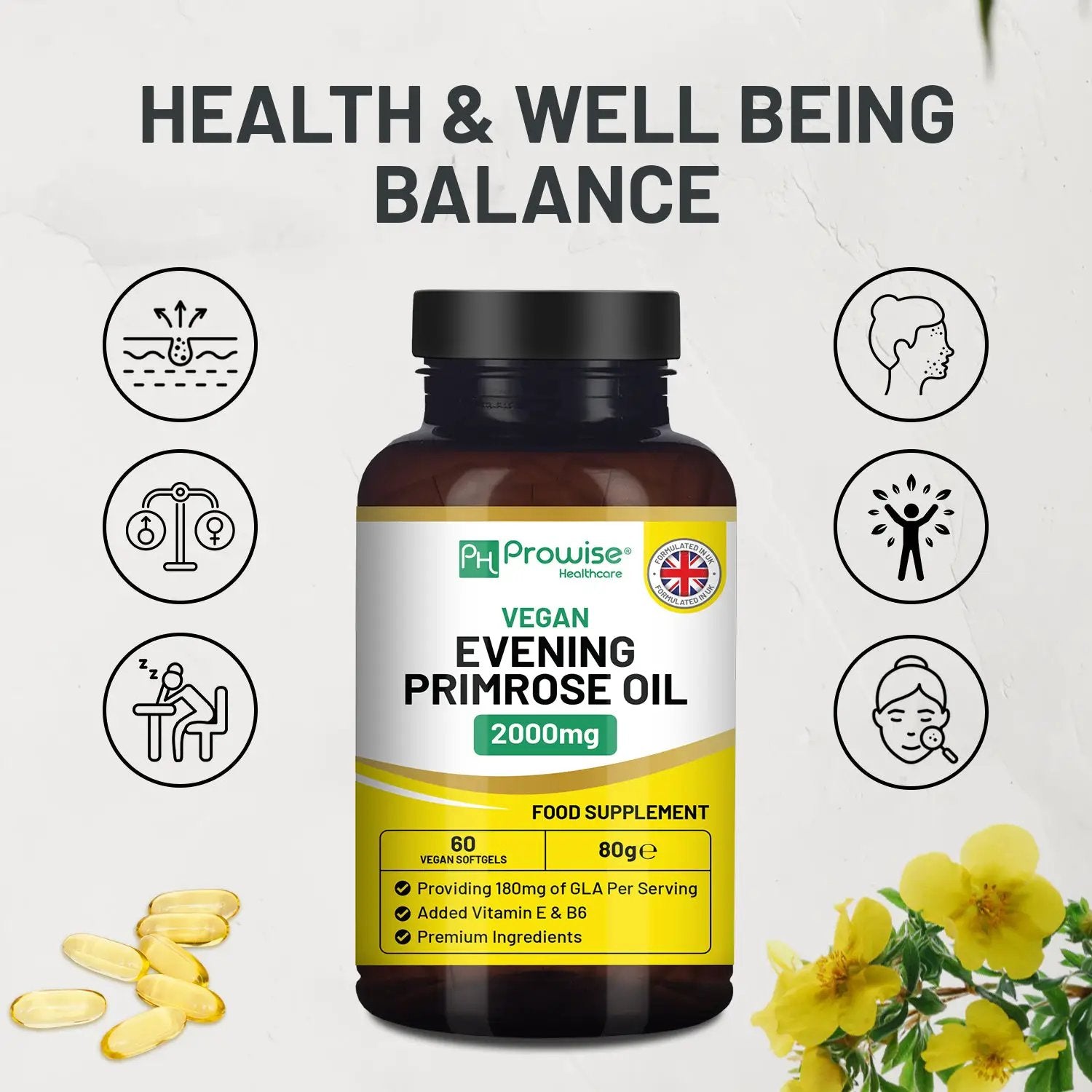 Vegan Evening Primrose Oil 2000mg with Vitamin E & B6 ? 60 Vegan Softgels| Pure Cold Pressed I 180mg GLA per Capsule I Women's Health I Premium Quality I by Prowise Healthcare by Prowise Healthcare