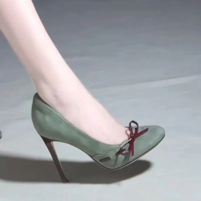 Temperament Super High Heel Single Shoe Round Toe Shallow Suede Butterfly Knot Slip-on Stiletto by All Mart Bristol Ltd