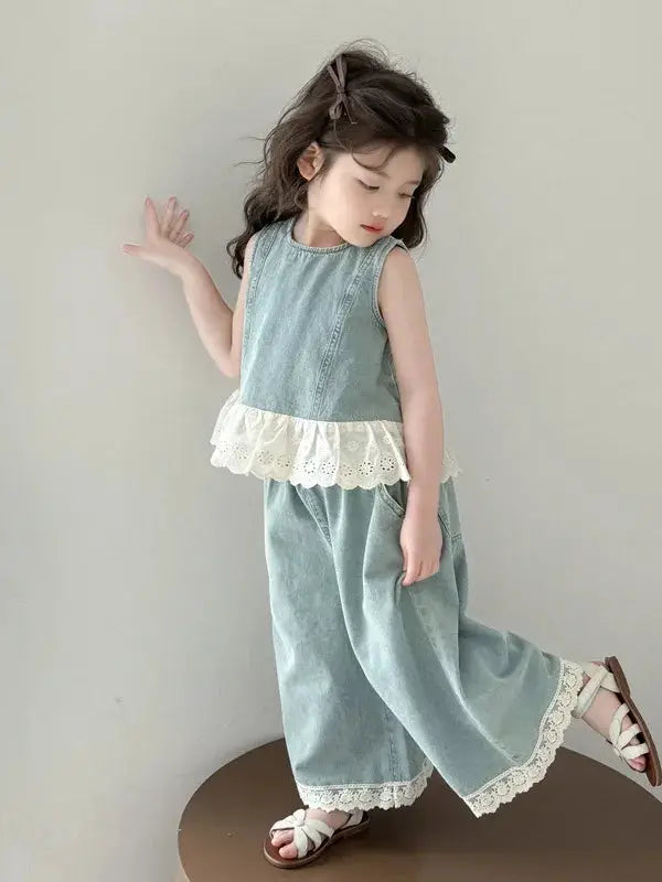 Girls' Summer Denim Vest Set Baby Fashionable Two-Piece Suit Breathable Lightweight Moisture-Wicking Machine Washable Sunscreen by All Mart Bristol Ltd
