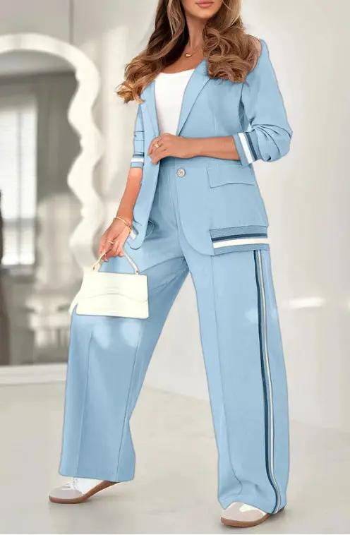 2 Pcs Set Women Suit Coat Pants Suit Lapel Long Sleeves Lady Jacket Wide Leg High Waist Trousers Female Commuting Office Outfit by Dropshipman