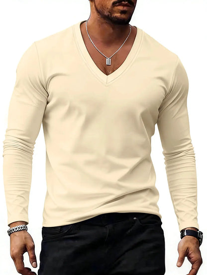 Men V Neck Solid Color Long Sleeve T Shirt Casual Slim Fit Basic Tops for Spring Autumn Daily Wear by All Mart Bristol Ltd