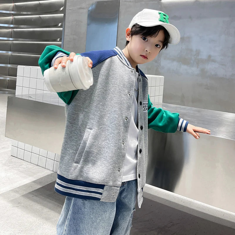 Kids Boys Autumn Sports Clothing Baseball Jacket Trendy 2025 New Children's Outerwear Crew Neck Sporty Coat 5 7 9 11 13 14 Years by All Mart Bristol Ltd
