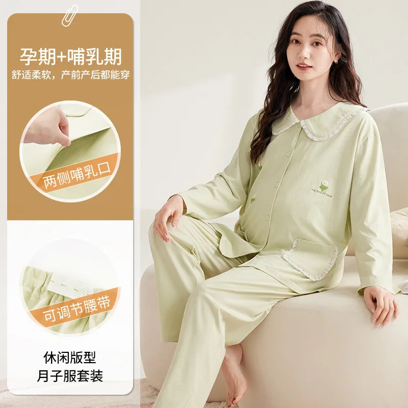 Maternity Women Pajamas Set Pregnant Pure Cotton Breastfeeding Loungewear Sweet Long Sleeve Trousers Cardigan 2 Piece Set Pjs by All Mart Bristol Ltd