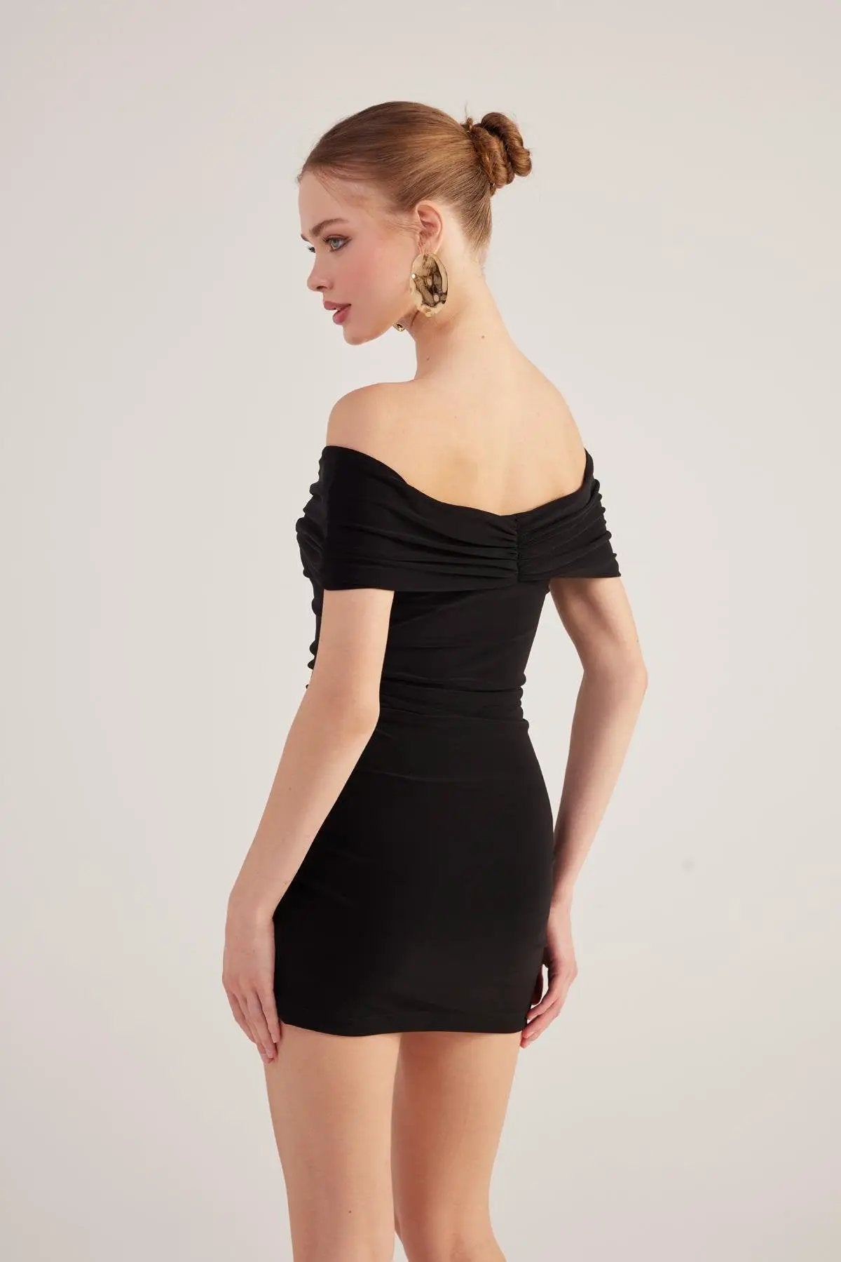 Muse Black Bardot Neck Mini Dress by Holly Lolly