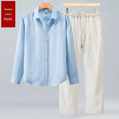 Men's Long Sleeve Linen Shirt Casual Summer New Style Drapey Cotton Linen Shirt Pure Color Pants Youth Fashion Clothing by All Mart Bristol Ltd