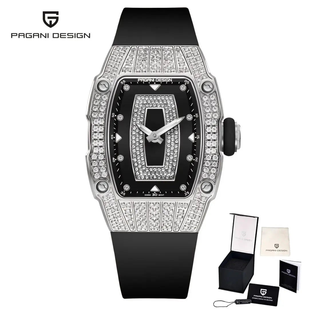 PAGANI DESIGN Top Luxury Diamond encrusted Women's Watch Fashion RubberWaterproof LuminousWine Bucket Case Women'sWatch+Gift Box by All Mart Bristol Ltd
