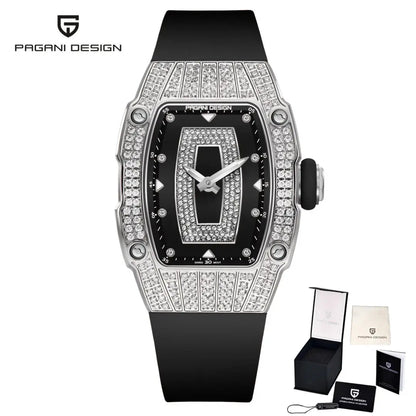 PAGANI DESIGN Top Luxury Diamond encrusted Women's Watch Fashion RubberWaterproof LuminousWine Bucket Case Women'sWatch+Gift Box by All Mart Bristol Ltd