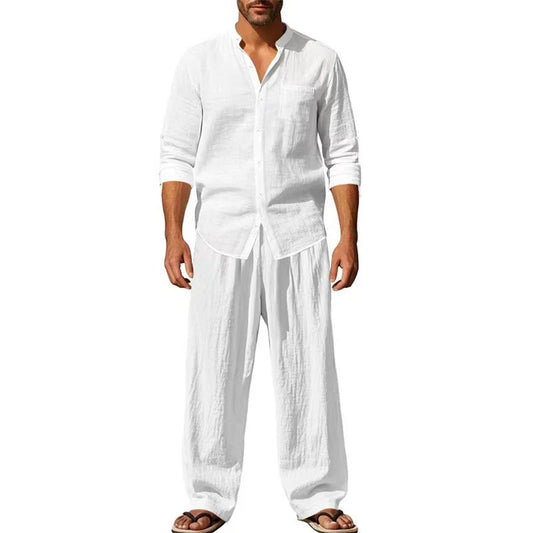 2026 Four Seasons Linen Men's Casual Loose Breathable Long Sleeve Pants Shirt Set by All Mart Bristol Ltd