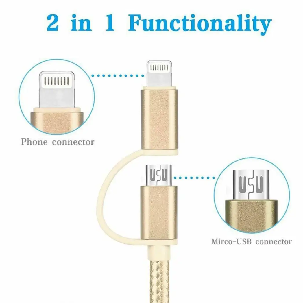 FX Powabud Nylon Braided USB Cable with 2 in 1 Dual Lightning Connector Cord[Gold] by FX