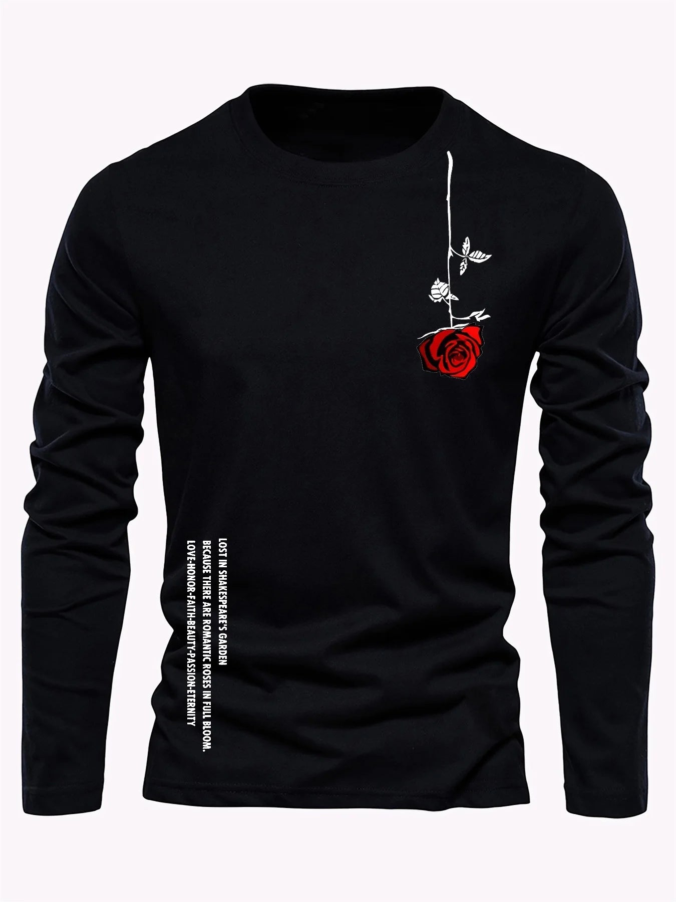 100% pure cotton men's long sleeved round neck loose casual rose letter printed spring and autumn versatile T-shirt top by All Mart Bristol Ltd