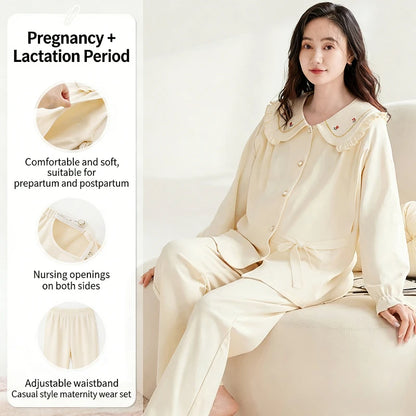 Maternity Women Pajamas Set Pregnant Pure Cotton Breastfeeding Loungewear Sweet Long Sleeve Trousers Cardigan 2 Piece Set Pjs by All Mart Bristol Ltd