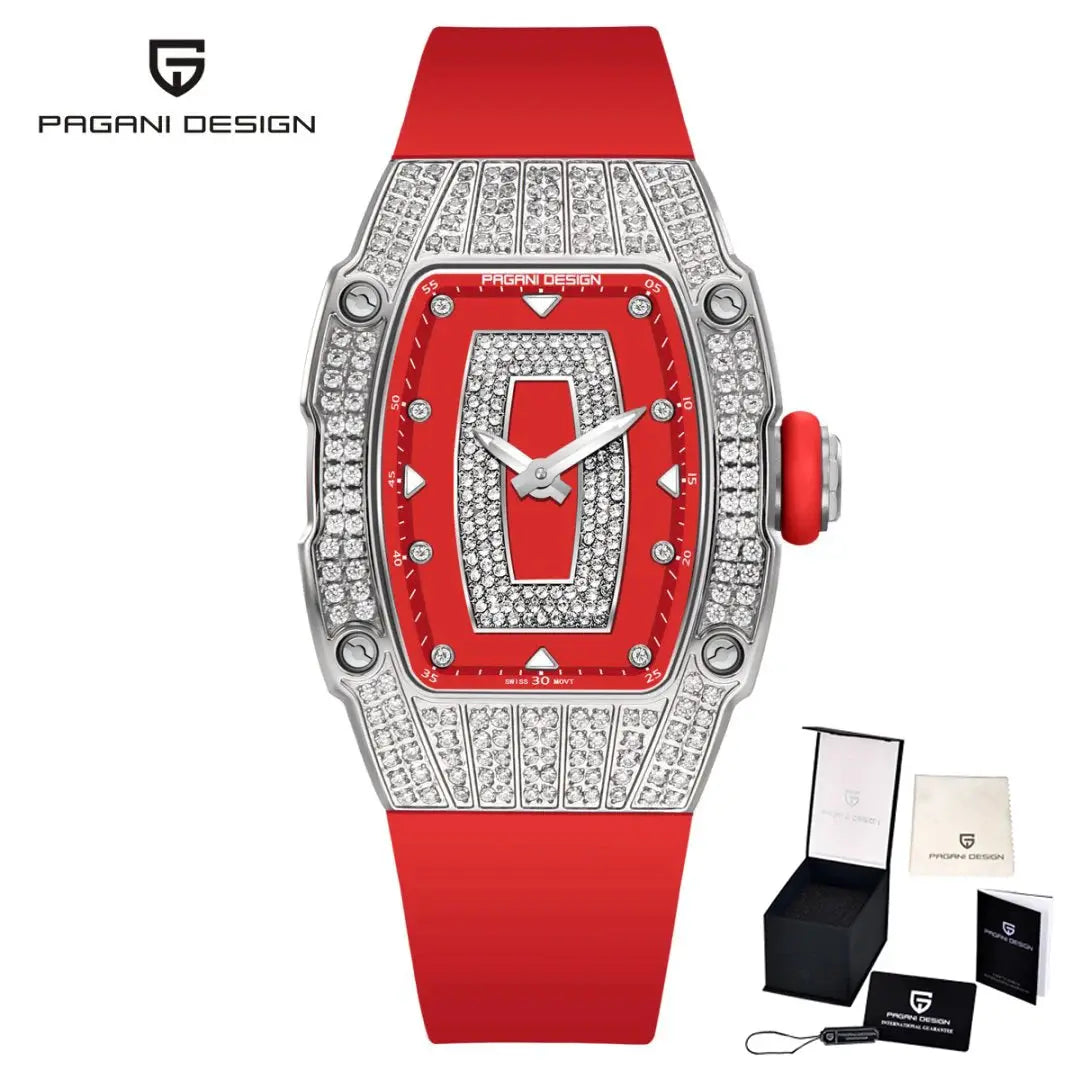 PAGANI DESIGN Top Luxury Diamond encrusted Women's Watch Fashion RubberWaterproof LuminousWine Bucket Case Women'sWatch+Gift Box by All Mart Bristol Ltd