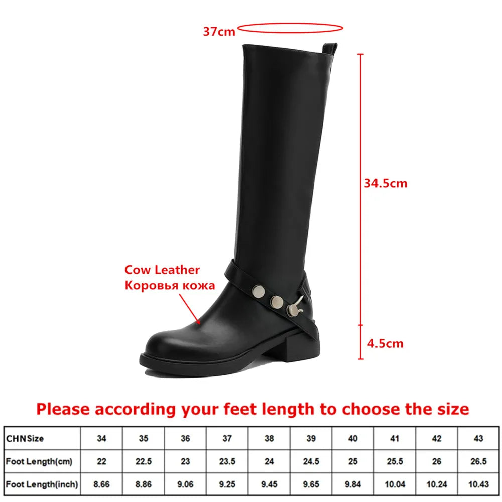 MILI-MIYA New Women's Cowhide Riding Boots Round-Toe Chunky Heel Solid-Colour Knee-High Boots Classic Metal Buckle Detail Handma by All Mart Bristol Ltd