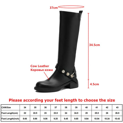 MILI-MIYA New Women's Cowhide Riding Boots Round-Toe Chunky Heel Solid-Colour Knee-High Boots Classic Metal Buckle Detail Handma by All Mart Bristol Ltd
