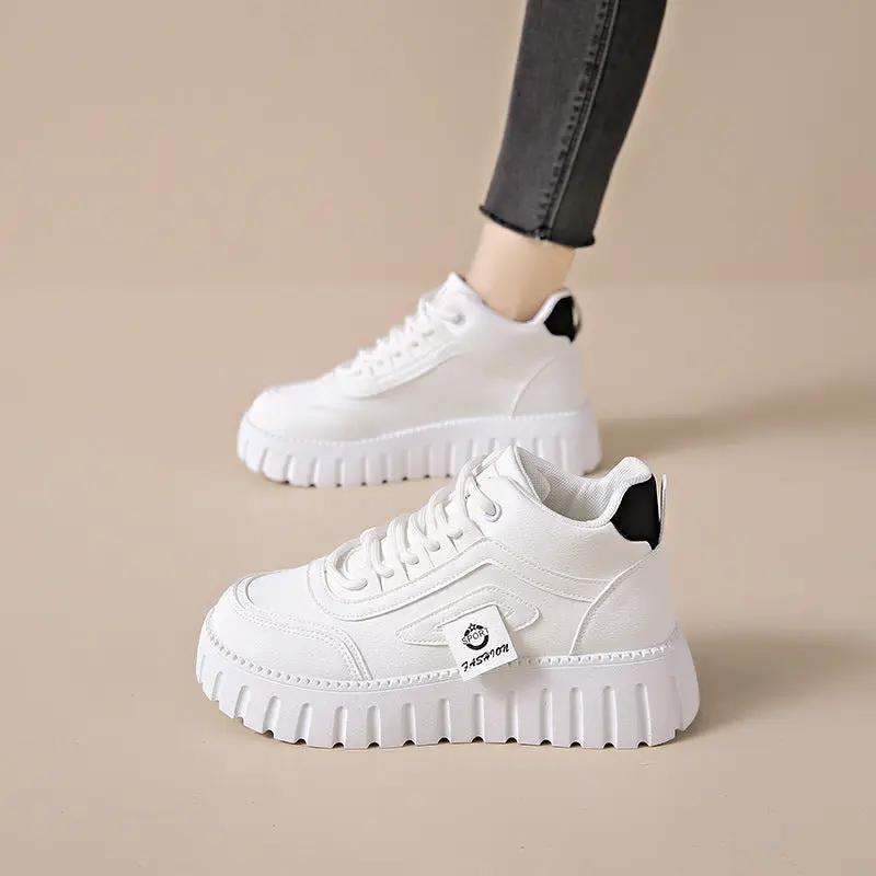 Breathable High-top White Shoes For Women Versatile Chunky-soled Athletic-casual Style by Dropshipman