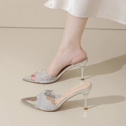 2026 Summer New French Lace Pointed Toe Slides Gentle Style Stiletto Outdoor Women Sandals by Dropshipman