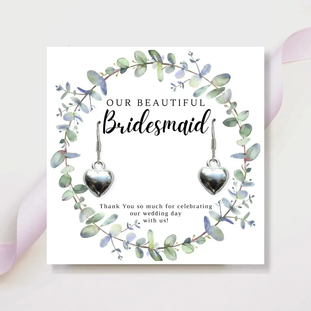 Bridesmaids Heart Earrings & Eucalyptus Thank You Card by Aye Do Gifts