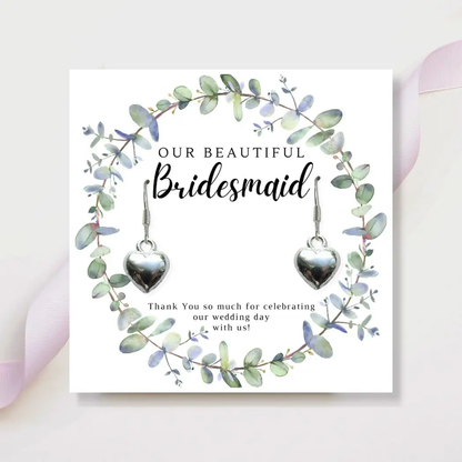 Bridesmaids Heart Earrings & Eucalyptus Thank You Card by Aye Do Gifts