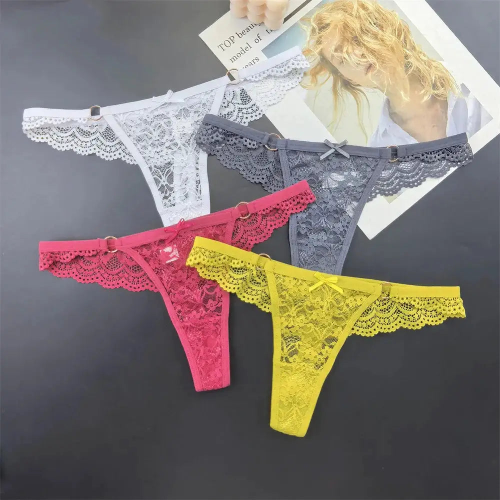 4Pcs Sexy Lace Thong Panties Women Low Rise Transparent Lingerie Set Plus Size by All Mart Bristol Ltd