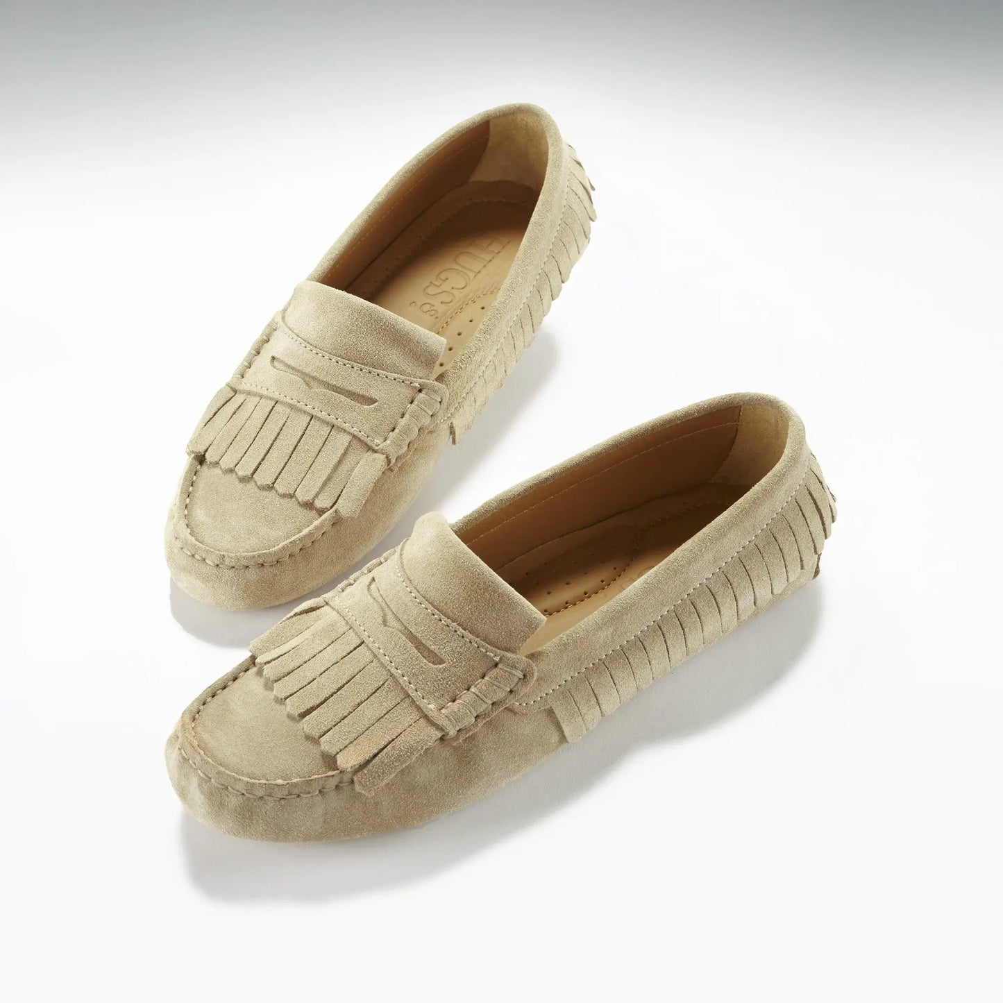 Women's Fringed Driving Loafers, taupe suede by Hugs & Co.
