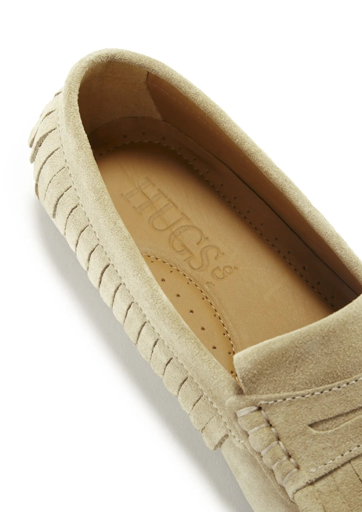 Women's Fringed Driving Loafers, taupe suede by Hugs & Co.