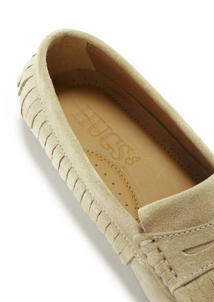Women's Fringed Driving Loafers, taupe suede by Hugs & Co.
