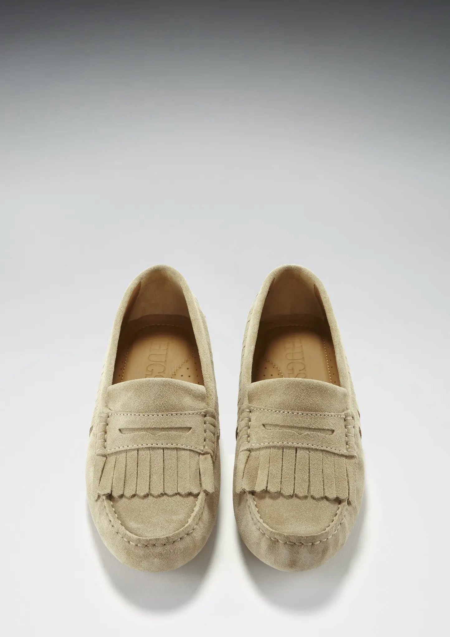 Women's Fringed Driving Loafers, taupe suede by Hugs & Co.
