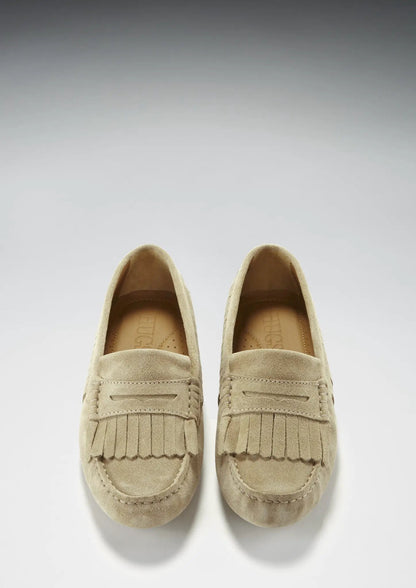 Women's Fringed Driving Loafers, taupe suede by Hugs & Co.