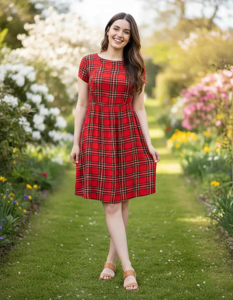 The Knee Length Breastfeeding Dress - Red Tartan Cotton by Stylish Mum