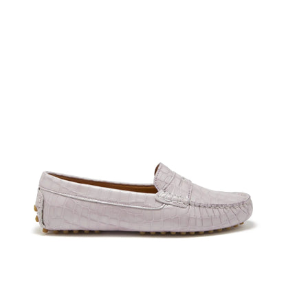 Women's Penny Driving Loafers, lilac croc print patent leather by Hugs & Co.