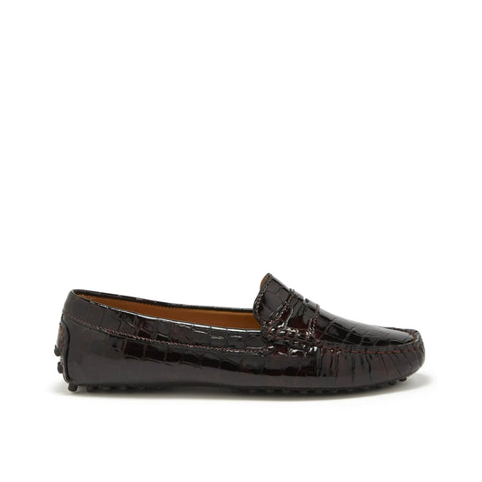 Women's Penny Driving Loafers, brown croc print patent leather by Hugs & Co.
