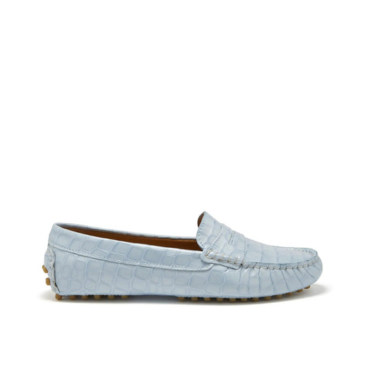 Women's Penny Driving Loafers, powder blue print patent leather by Hugs & Co.