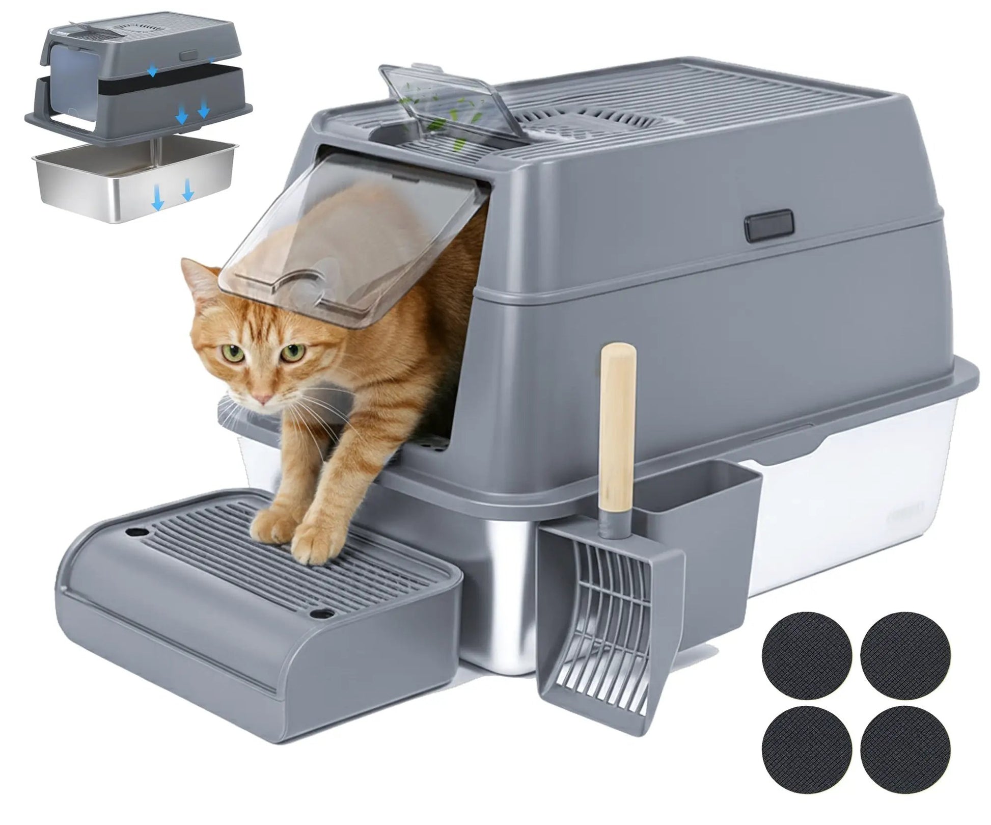 IGAD XXL Stainless Steel Cat Litter Box – High Sides, Non-Stick, Easy Clean, Odour Control, Removable Lid & Scoop (Grey) by IGAD