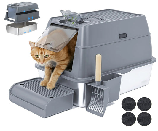 IGAD XXL Stainless Steel Cat Litter Box – High Sides, Non-Stick, Easy Clean, Odour Control, Removable Lid & Scoop (Grey) by IGAD