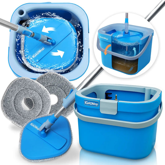 IGADMop Professional Set with Bucket, 2 Chamber System for Separating Dirty and Clean Water, 130 cm Telescopic Handle, 2 Microfibre Mop Pads by IGADPole