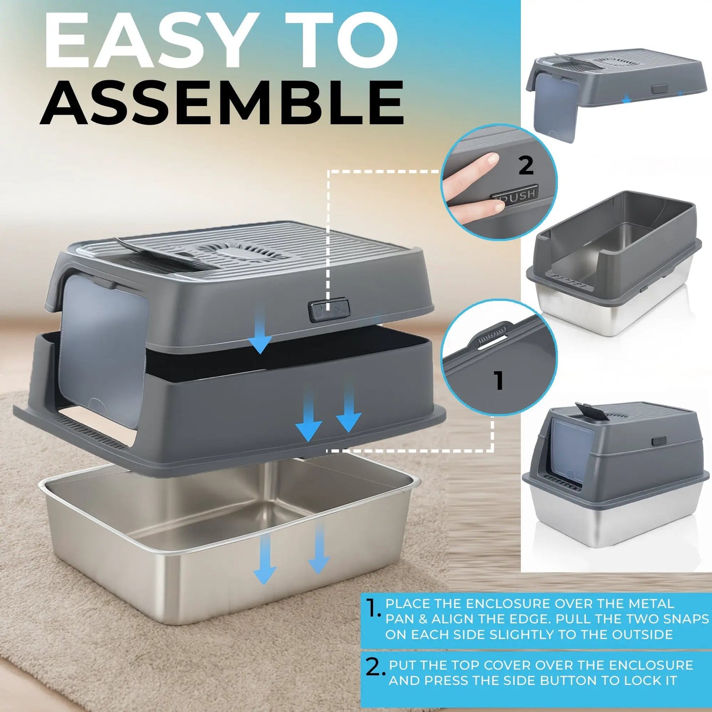IGAD XXL Stainless Steel Cat Litter Box – High Sides, Non-Stick, Easy Clean, Odour Control, Removable Lid & Scoop (Grey) by IGAD