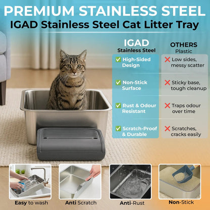 IGAD XXL Stainless Steel Cat Litter Box – High Sides, Non-Stick, Easy Clean, Odour Control, Removable Lid & Scoop (Grey Double Entry) by IGAD