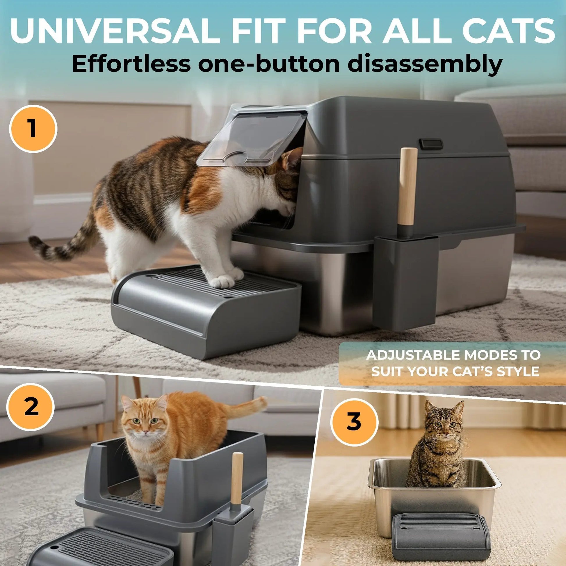 IGAD XXL Stainless Steel Cat Litter Box – High Sides, Non-Stick, Easy Clean, Odour Control, Removable Lid & Scoop (Grey Double Entry) by IGAD