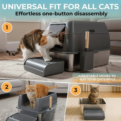 IGAD XXL Stainless Steel Cat Litter Box – High Sides, Non-Stick, Easy Clean, Odour Control, Removable Lid & Scoop (Grey Double Entry) by IGAD