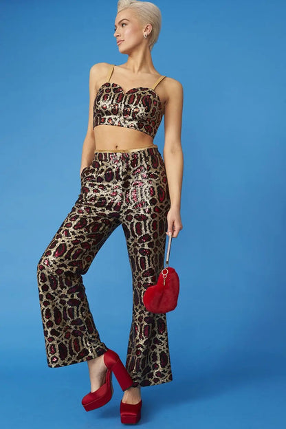 Pink Bamboo Animal Print Sequin Trousers by Jayley