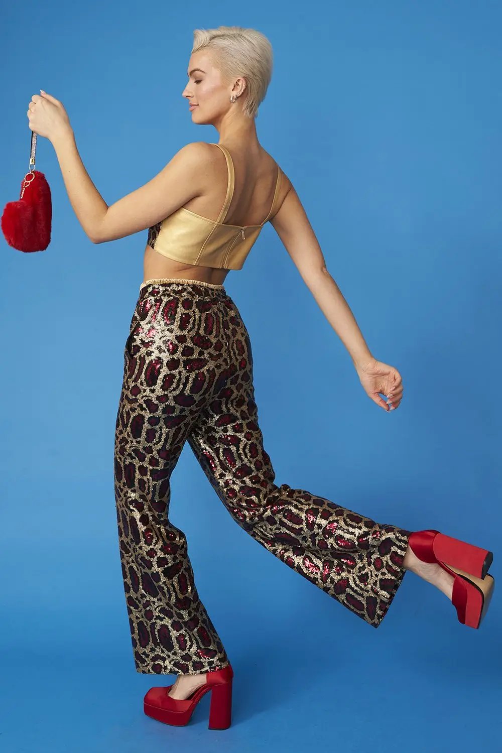 Pink Bamboo Animal Print Sequin Trousers by Jayley